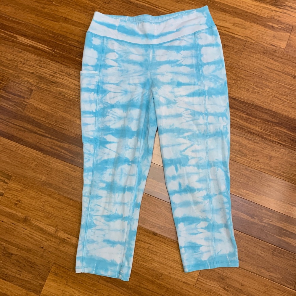 Weekends Chico's Capri Blue Tie Dye Cropped Leggings Pocket Size‎ 8 Pima Cotton